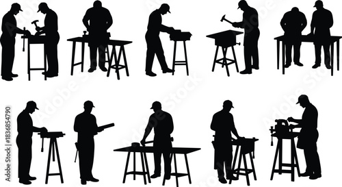 Woodworking Silhouettes of Skilled Workers Using Tools, Performing Carpentry Tasks, Construction Labor, Manual Craftsmanship, Industrial Teamwork, and Workshop Precision