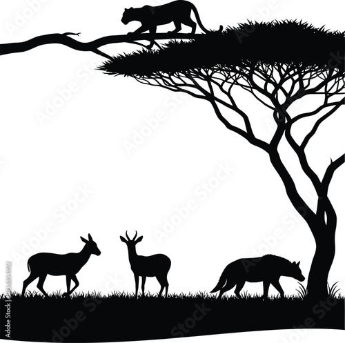African wildlife silhouette featuring leopard gazelle and warthog
