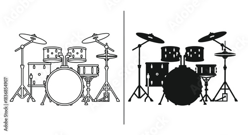 Drum sets in line art and silhouette styles for music design