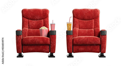 Two plush red theater seats with popcorn and drinks on a black background