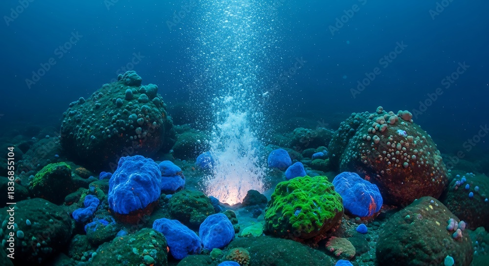 Fototapeta premium Deep Sea Hydrothermal Vent Emitting Glowing Bubbles on a Colorful Coral Reef.