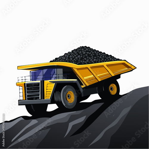 Giant yellow mining dump truck fully loaded with coal descending rugged dirt road for industrial transport
