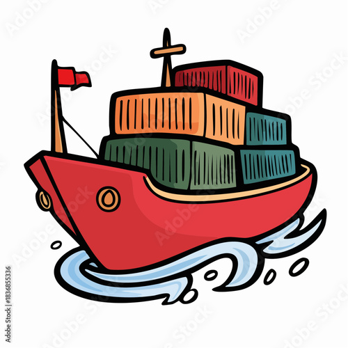 Cute cartoon cargo ship carrying colorful shipping containers on the ocean waves. Flat design illustration for global logistics and transport.