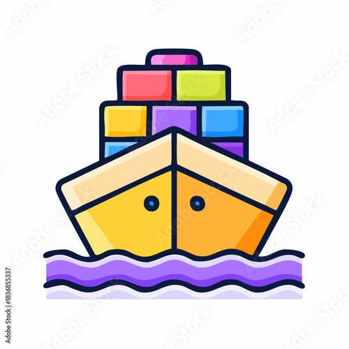 Vibrant cartoon container ship sailing on ocean waves delivering global cargo worldwide

