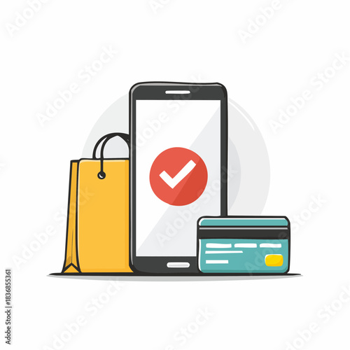Mobile online shopping success concept. Smartphone with shopping bag and credit card, indicating successful payment or transaction.