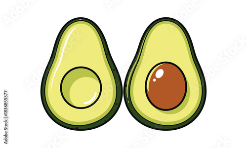 Two halves of sliced avocado with pit and without pit vector art