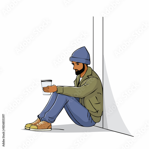 Homeless man sitting on the ground, leaning against a wall, holding a cup, illustrating urban poverty and social issues.