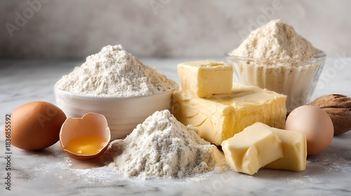 Baking ingredients: flour, butter, eggs for delicious treats.