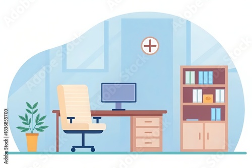 Clean and Organized Home Office Interior with a Desk, Chair, and Bookshelf Setup