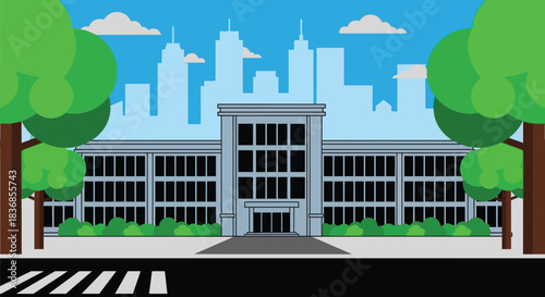 Modern office building in city with trees and blue sky