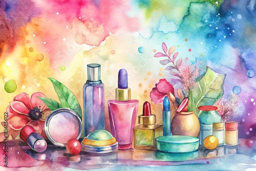 Colorful Collection of Skincare and Cosmetic Bottles Adorned with Floral and Leaf Accents