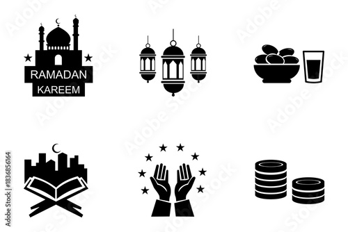 Ramadan Kareem celebration icons: A collection of Ramadan-related icons including mosque, lantern, dates, Holy Quran, and charitable donations
