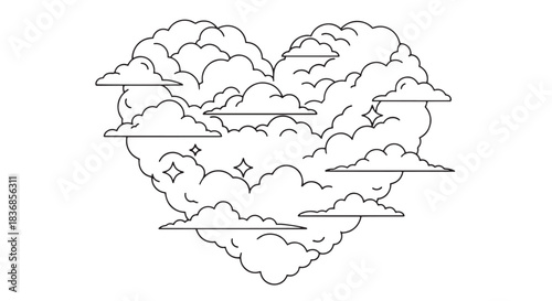 Heart shaped cloud formation floating above soft landscape sketch.