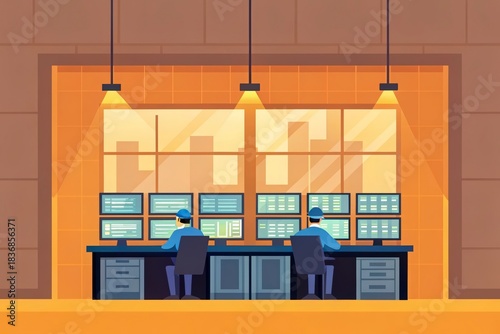 Control Room with Operators Monitoring Multiple Screens and Industrial Operations