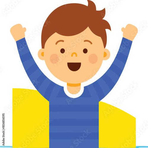 Excited cartoon boy with arms raised in celebration