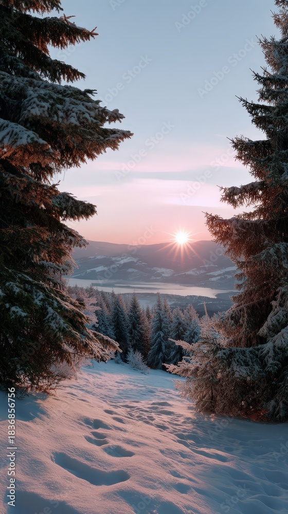 Fototapeta premium Winter in mountain forest during sunset. Golden hour in dreamlike landscape with snow covered spruce trees and mist in valley. Natural background