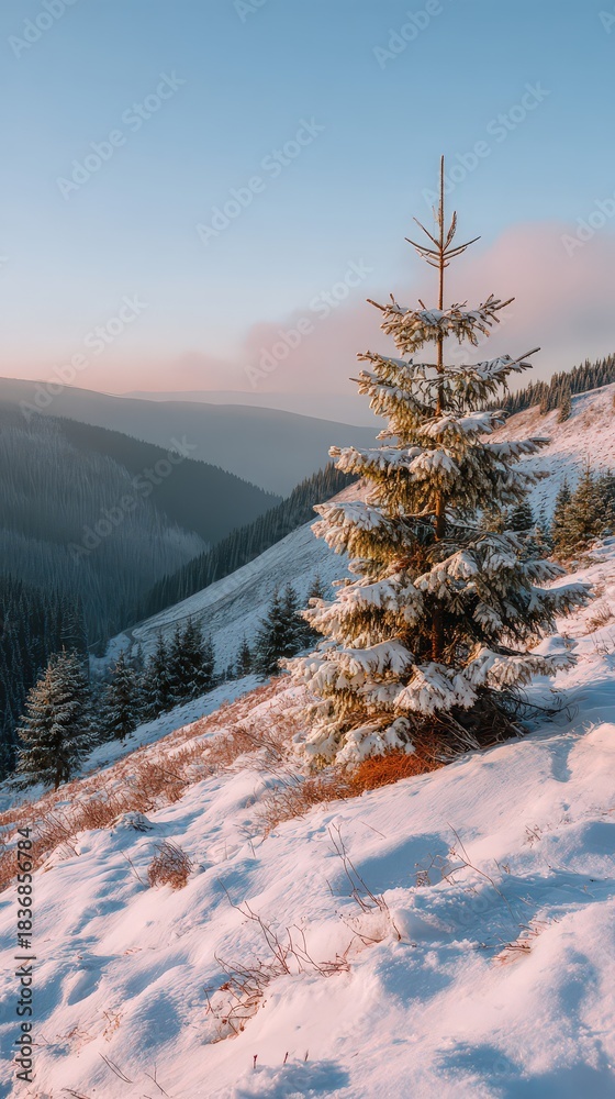 Fototapeta premium Winter in mountain forest during sunset. Golden hour in dreamlike landscape with snow covered spruce trees and mist in valley. Natural background
