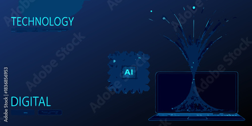 Artificial intelligence concept with laptop and digital data flowing outward