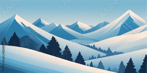 Snow-covered mountain peaks with clean vector layers and calm winter landscape background