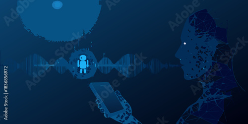 Ai voice assistant interacting with human holding phone in a futuristic setting