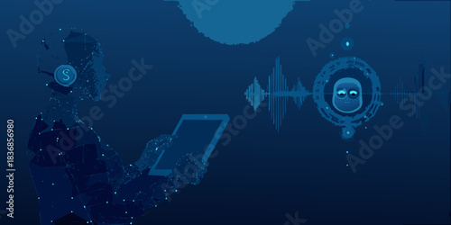 Ai assistant with digital humanoid and voice waveform on dark blue background