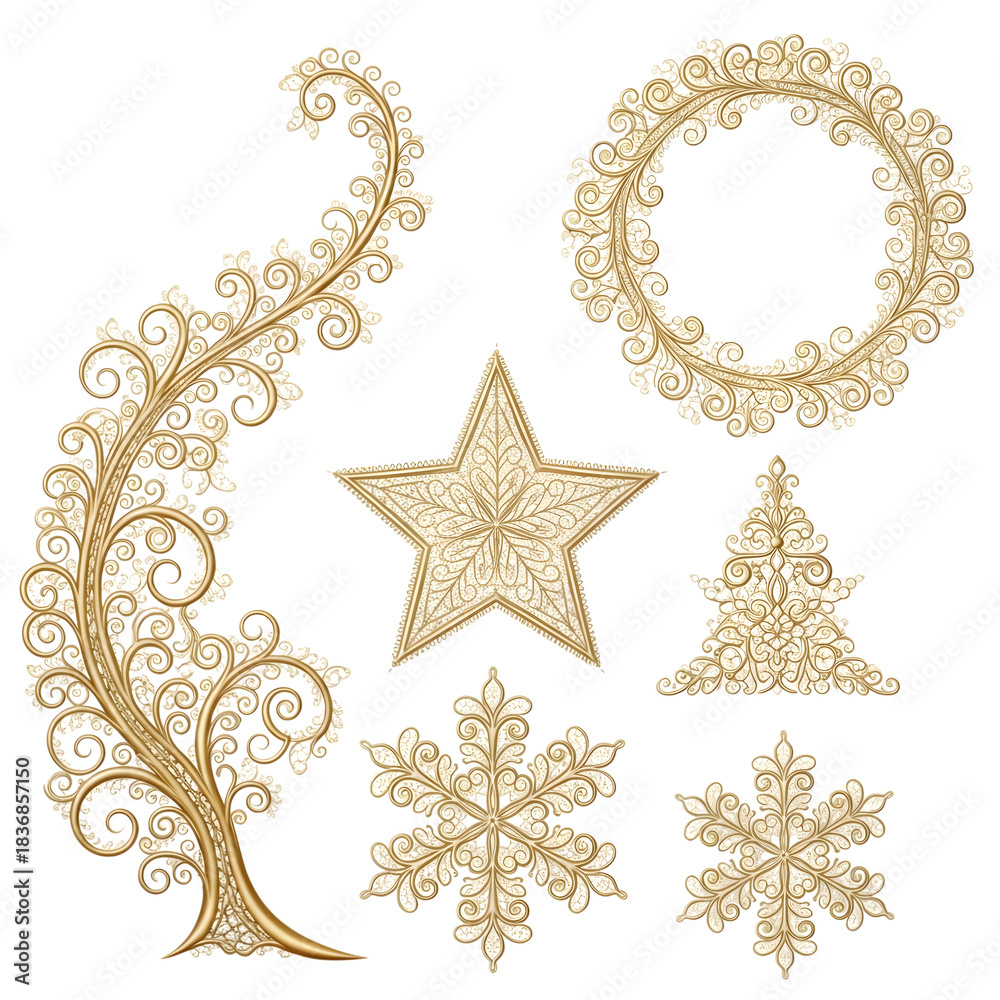 Fototapeta premium Golden christmas decorations set star snowflake wreath isolated on transparent background