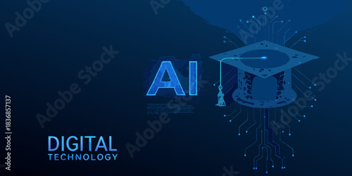 Artificial intelligence education concept with graduation cap and circuit board