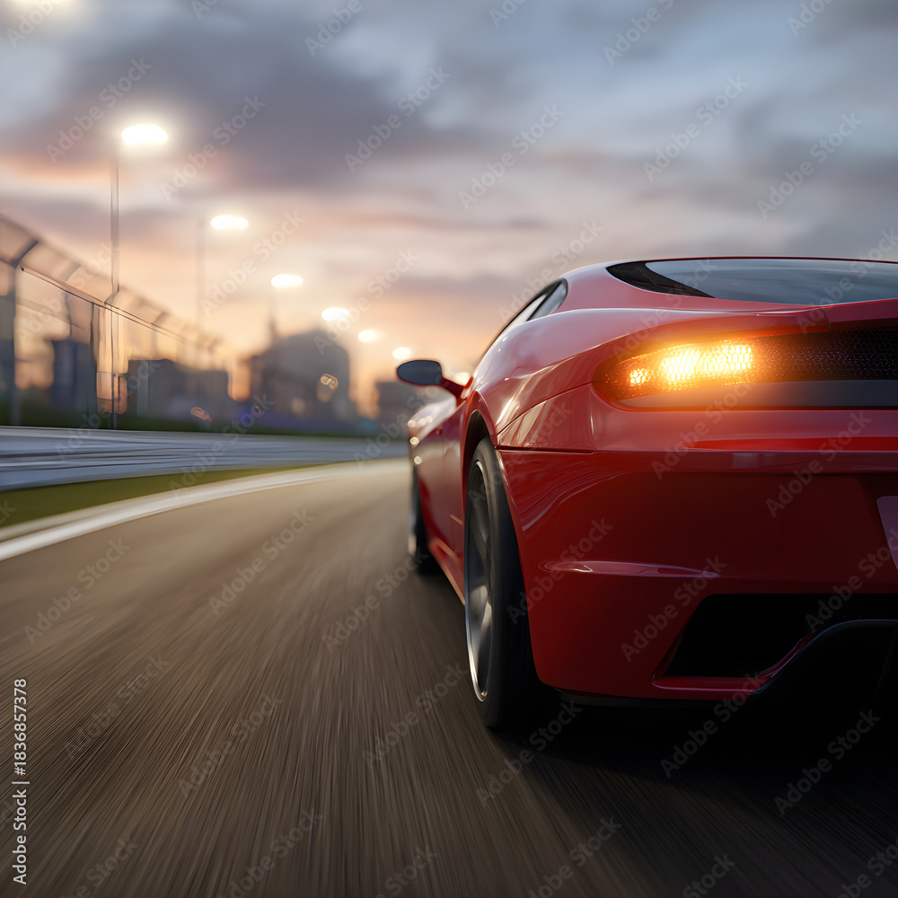 Fototapeta premium Red Sports Car Speeding on a Race Track at Dusk with Motion Blur and Glowing Lights