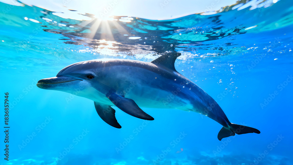 Fototapeta premium Dolphin swimming underwater in bright blue ocean water with sun rays shining through the surface creating a beautiful aquatic scene perfect for nature photography marine life exploration and tropical 