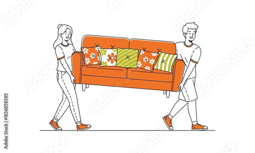 People moving sofa together isolated on white background
