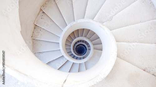 narrowing. Aerial view of a spiral staircase structure narrowing towards the top in minimalist concrete architecture. real-estate listings.