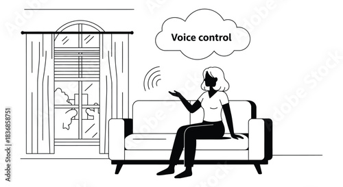 Woman controlling smart home devices with voice command