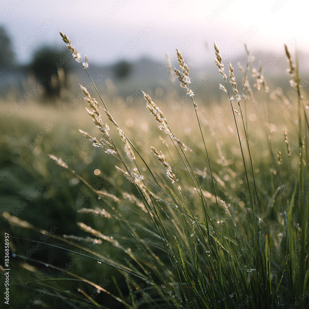 Fototapeta premium Grass Field with Dew Drops in the Morning Sunlight Shows Beautiful Natural Beauty