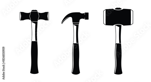 Three black silhouettes of hammers on white background