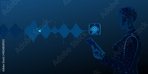 Woman using ai assistant on smartphone with digital voice waveform