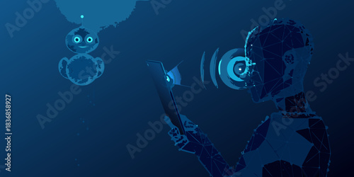 Digital communication robot and humanoid connecting through mobile device in blue