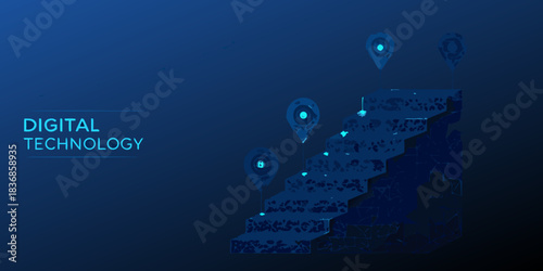 Digital technology ascent abstract stairs with location pins in blue tones