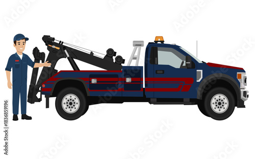 Blue Tow Truck with Red Stripes and Mechanic Driver