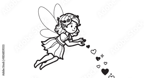 Delicate fairy character releasing a trail of tiny hearts in flight.