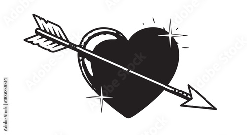 Monochrome doodle of a heart pierced by an arrow with bold line art.