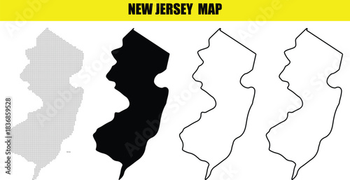 New Jersey state map collection featuring diverse graphic styles including dotted solid and outline representations for various design needs