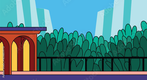 Vibrant cityscape with modern architecture and lush greenery