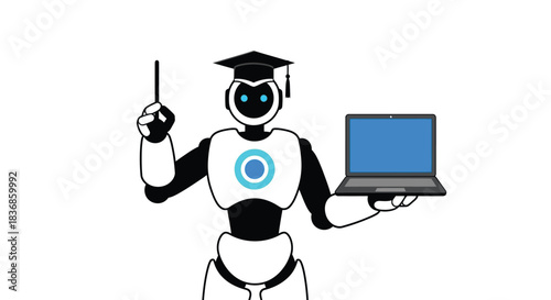Robot teacher with laptop and graduation cap pointing up