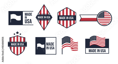 Patriotic Made in USA labels and badges with American flags