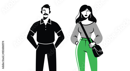 Man and woman standing in casual modern outfits