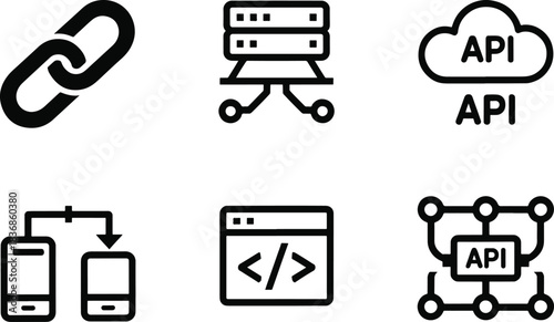 API development and server connection line icon set. Application programming interface, networking, and digital linking vector symbols.