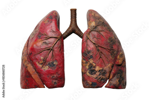 Diseased lungs with visible damage and dark, discolored patches