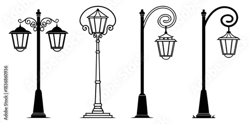 Collection of Minimalist Street Lighting Lamp Icons – Modern Line Art Street Lamp Vector Set, Clean Urban Lighting Symbols, Monochrome Outline Icon Pack”
