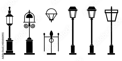 Collection of Minimalist Street Lighting Lamp Icons – Modern Line Art Street Lamp Vector Set, Clean Urban Lighting Symbols, Monochrome Outline Icon Pack”
