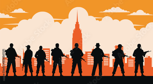 Soldiers standing guard in cityscape with orange sky